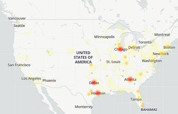 AT&T (and Cricket Wireless) reported network issues map for 05/22/24