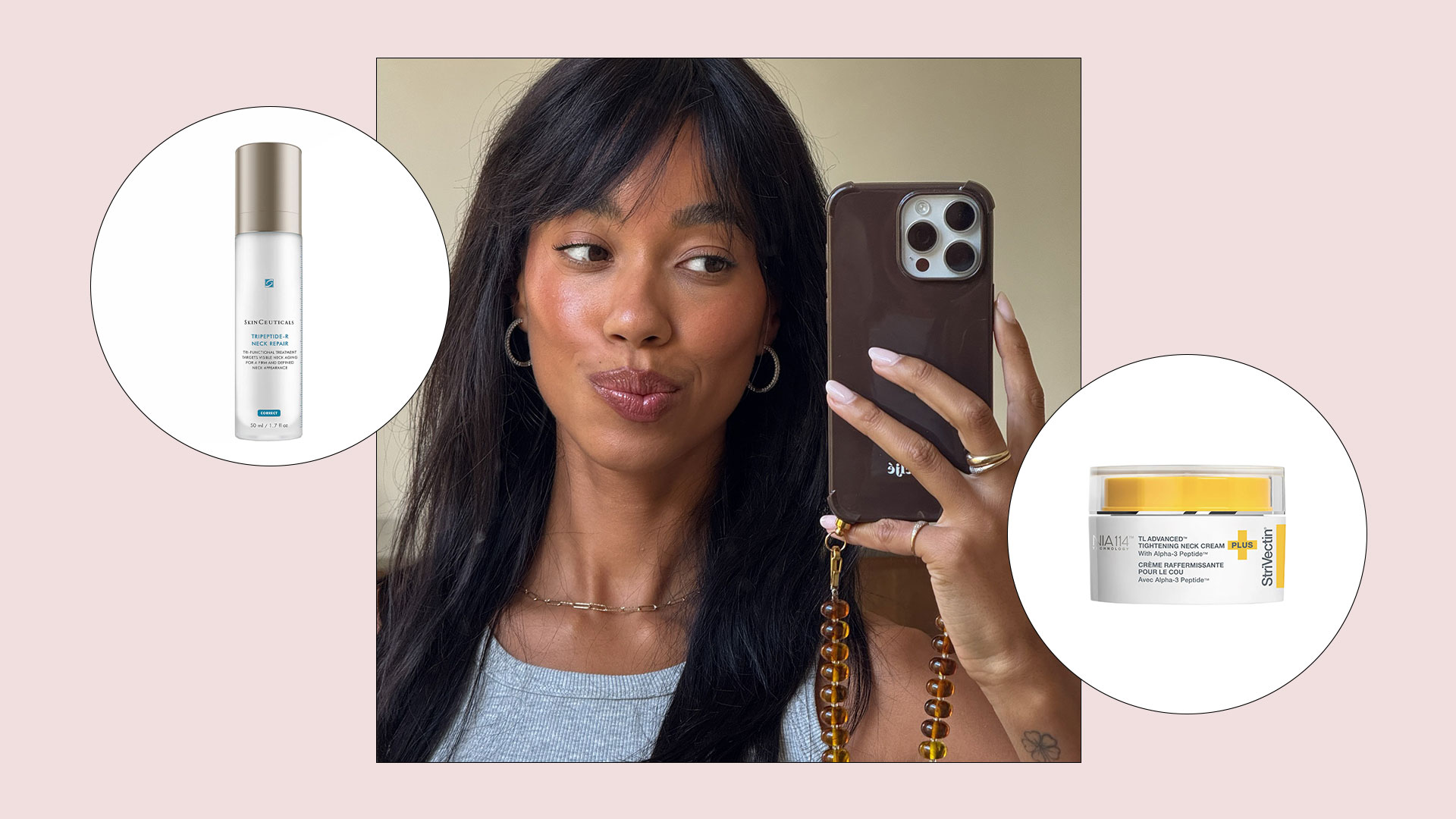 Woman taking a mirror selfie superimposed with a GIF of the best neck-firming creams