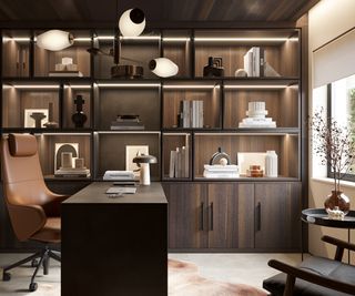 render of home office in dark wood tones with desk facing window and panelled storage to side wall