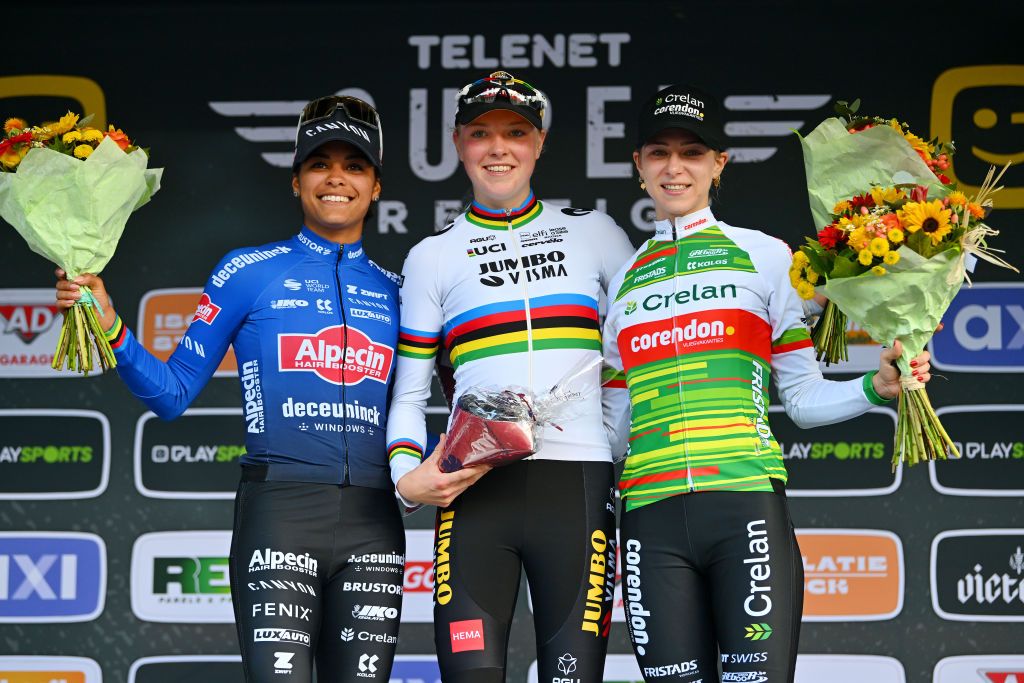OVERIJSE BELGIUM OCTOBER 22 LR Ceylin Del Carmen Alvarado of The Netherlands and Team AlpecinDeceuninck on second place race winner Fem Van Empel of The Netherlands and Team JumboVisma and Inge Van Der Heijden of The Netherlands on third place pose on the podium ceremony after the 63rd UCI Cyclocross World Cup Druivencross Overijse 2023 Womens Elite a on October 22 2023 in Overijse Belgium Photo by Luc ClaessenGetty Images
