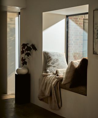 window seat/nook with cozy faux fur throws and cushions, plant on pedestal