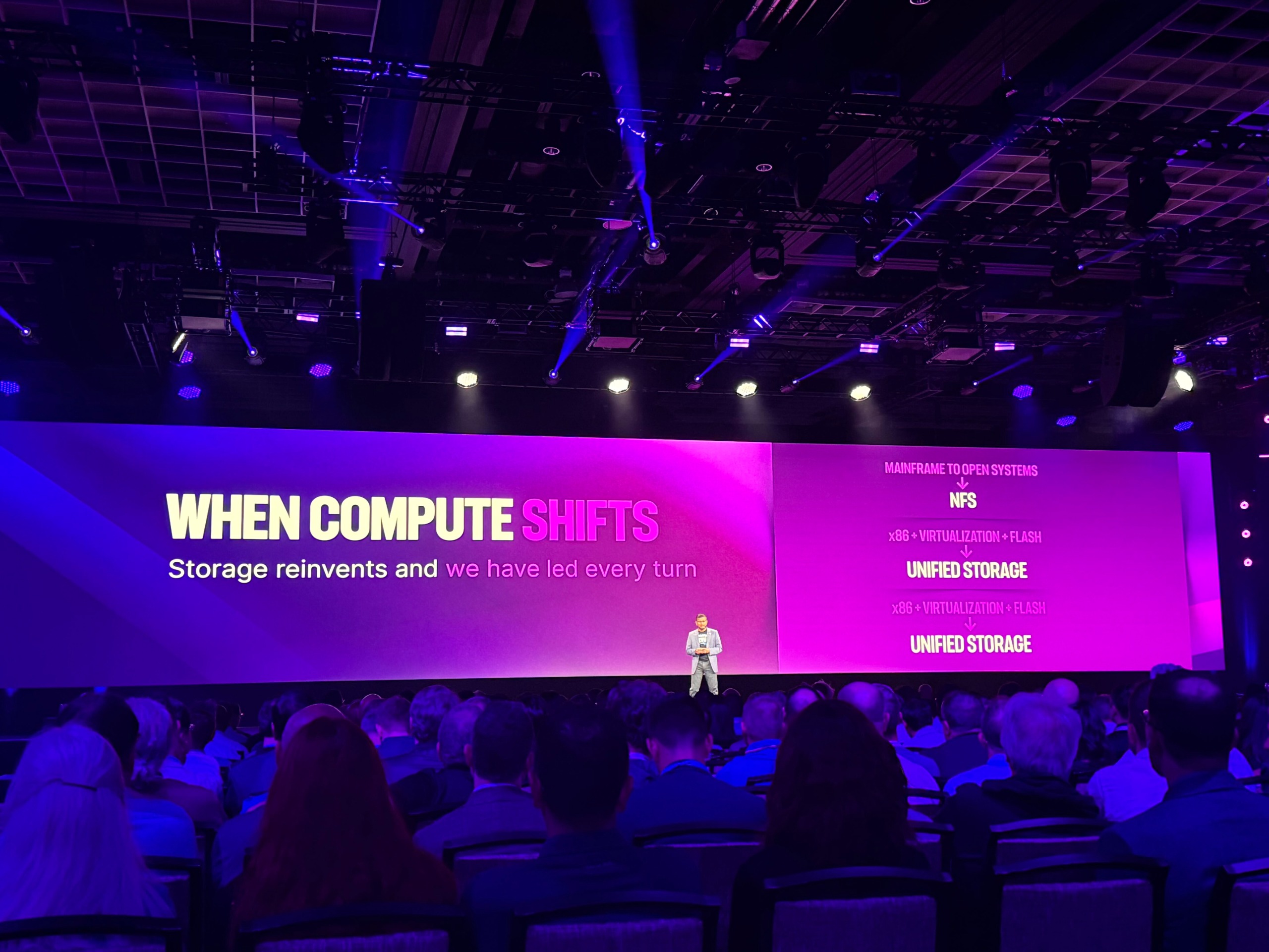 NetApp chief product officer Syam Nair pictured during the day-two keynote at NetApp Insight 2026.