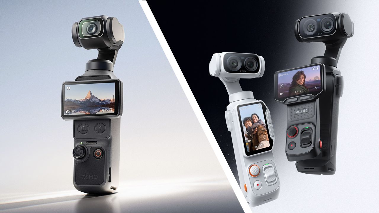 The DJI Osmo Pocket 4 and the Insta360 Luna Ultra vlogging cameras on bright, clean studio backdrops