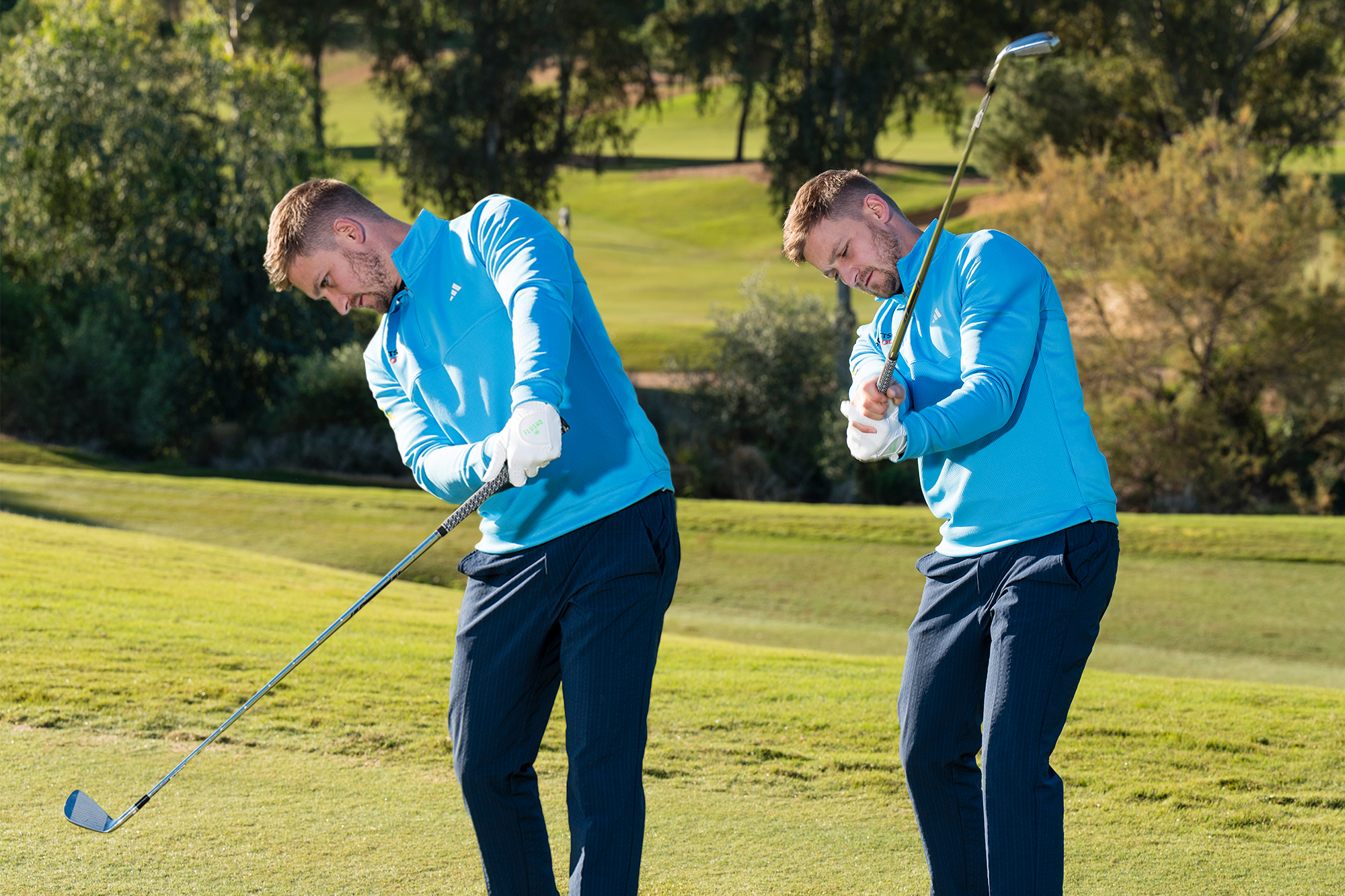 Alex Elliott demonstrating two release styles for the strong and weak golf grip, with the flexion in the wrist on the left (for a weak grip) and the roll in the wrists on the right (for a strong grip)