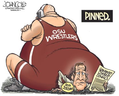 Political cartoon U.S. Ohio State University Jim Jordan sexual abuse wrestlers coverup denials