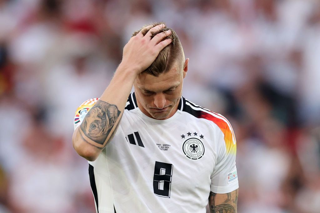 Toni Kroos of Germany shows dejection after the team&#039;s defeat and elimination from EURO 2024 in the UEFA EURO 2024 quarter-final match between Spain and Germany at Stuttgart Arena on July 05, 2024 in Stuttgart, Germany. 