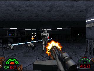 Dark Forces gameplay blaster rifle shooting at storm trooper
