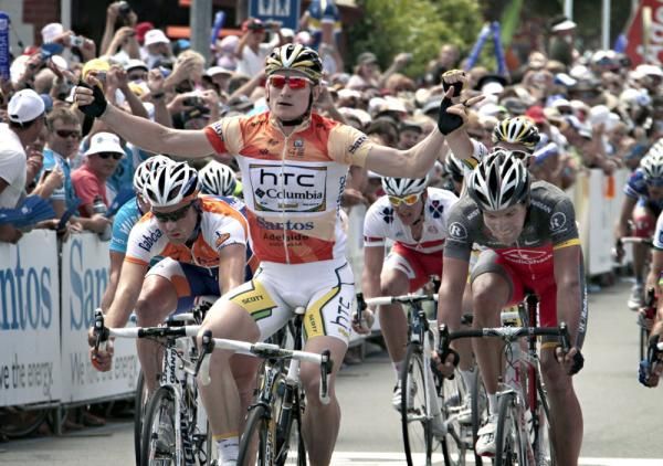 Andre Greipel (HTC-Columbia) celebrates at the end of stage four of the Tour Down Under