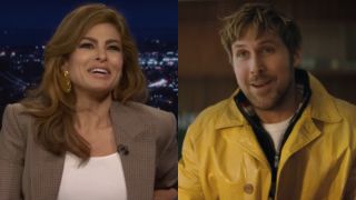From left to right: Eva Mendes smiling on The Tonight Show and Ryan Gosling smiling in Project Hail Mary.