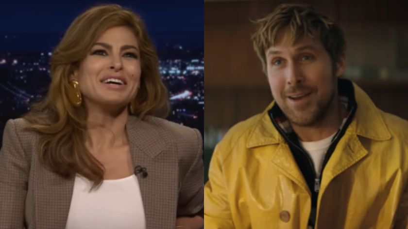 From left to right: Eva Mendes smiling on The Tonight Show and Ryan Gosling smiling in Project Hail Mary. 