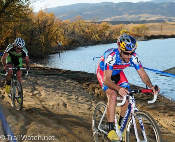Tim Johnson (Cannondale-cyclocrossworld.com) leading Driscoll along the beach