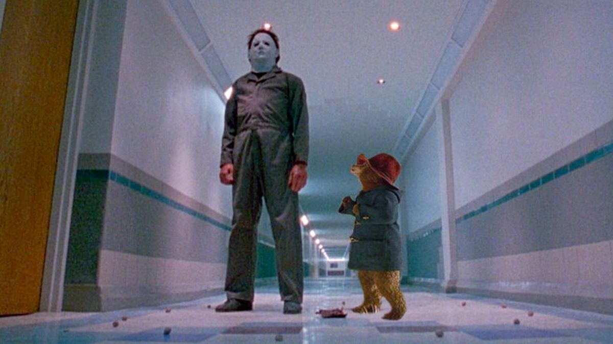 A shot of Paddington Bear photoshopped into a scene with Michael Myers