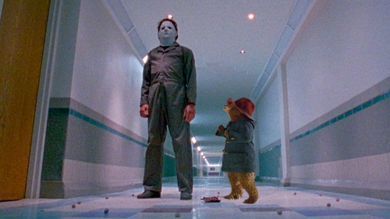 A shot of Paddington Bear photoshopped into a scene with Michael Myers