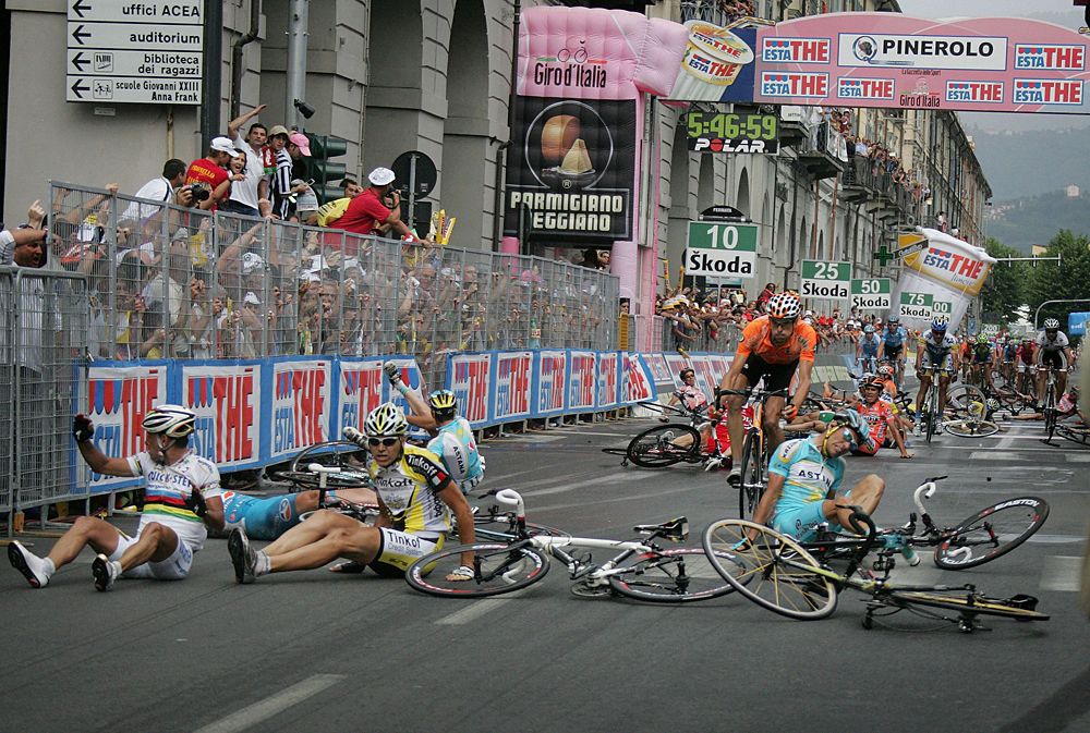 That time when all the riders fell down after the finish line because of slick roads