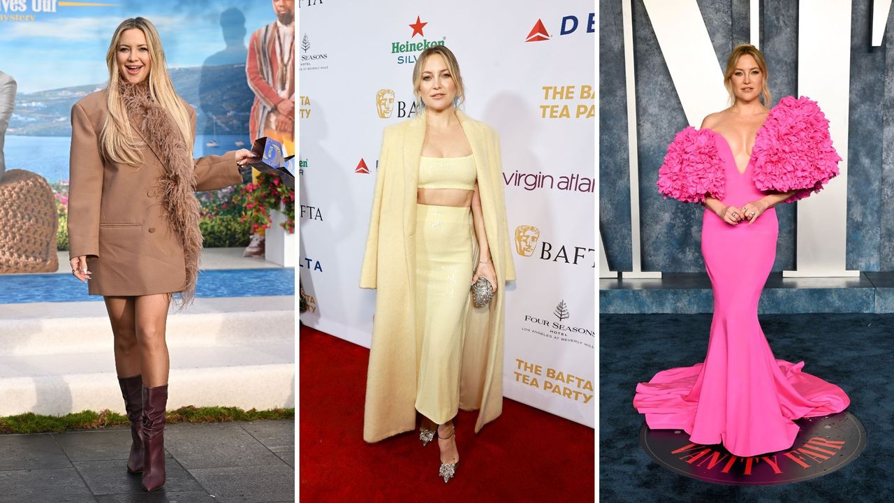 Three images of Kate Hudson on the red carpet 