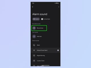 A screenshot showing how to record a custom alarm sound on Android