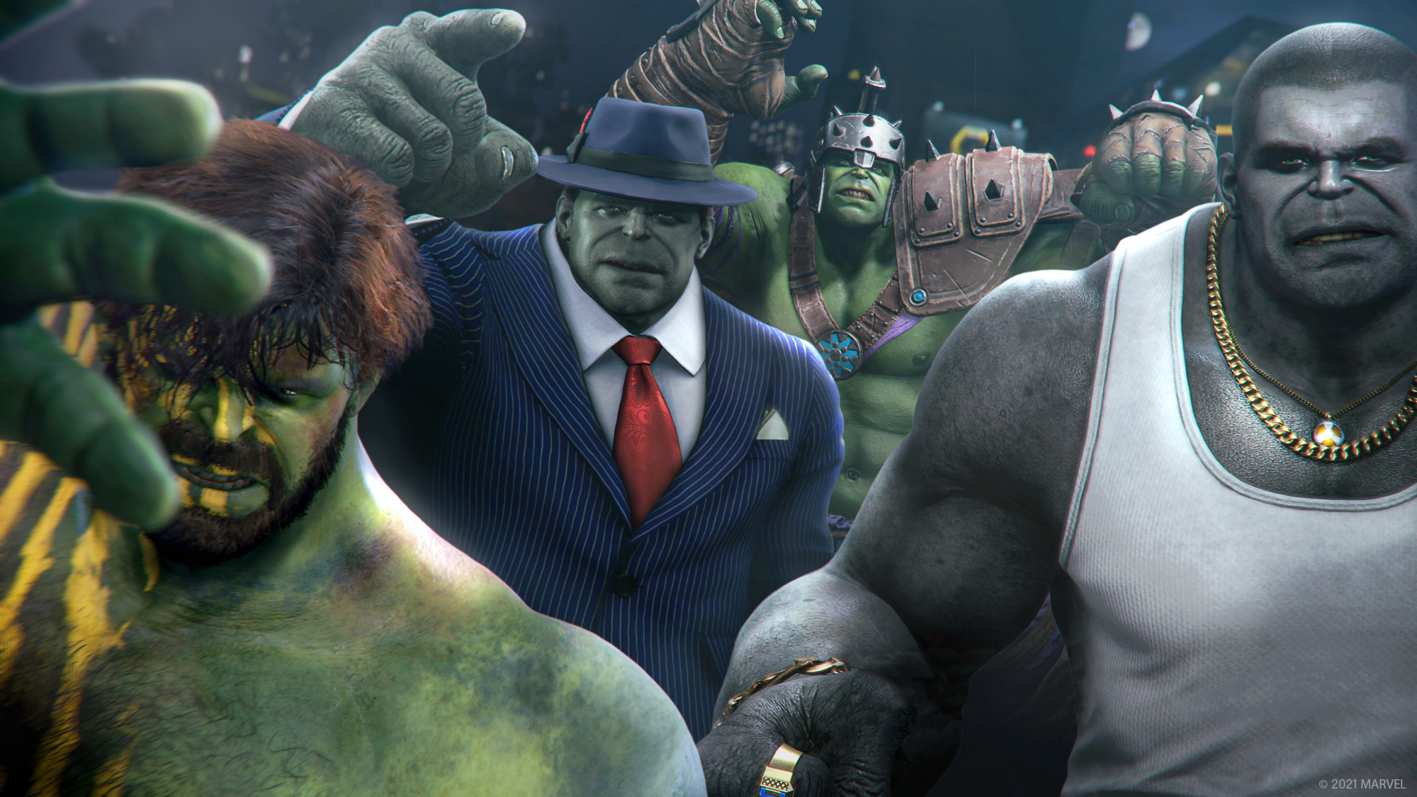 Marvel's Avengers'tan farklı görünümlere sahip bir grup Hulk.