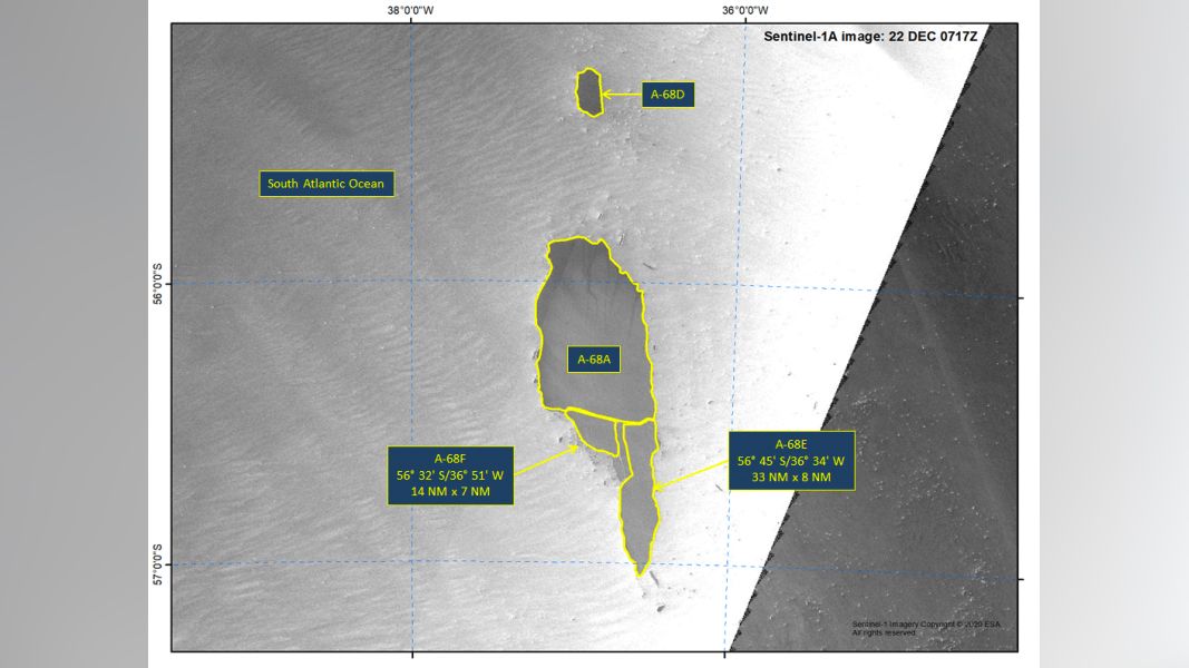 Sentinel-1A satellite image of Iceberg A-68E and A-68F, in Dec. 22, 2020.