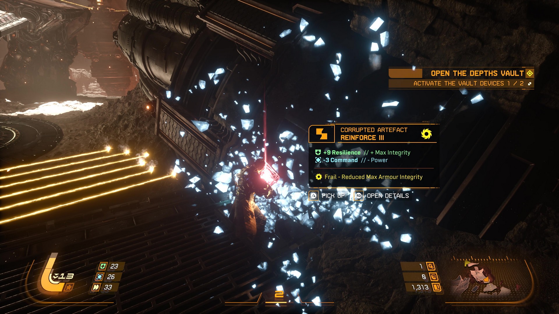 Arjun blasts through the Ancient Depths in Saros, an abandoned, mechanical mining environment, while avoiding orbal energy blasts