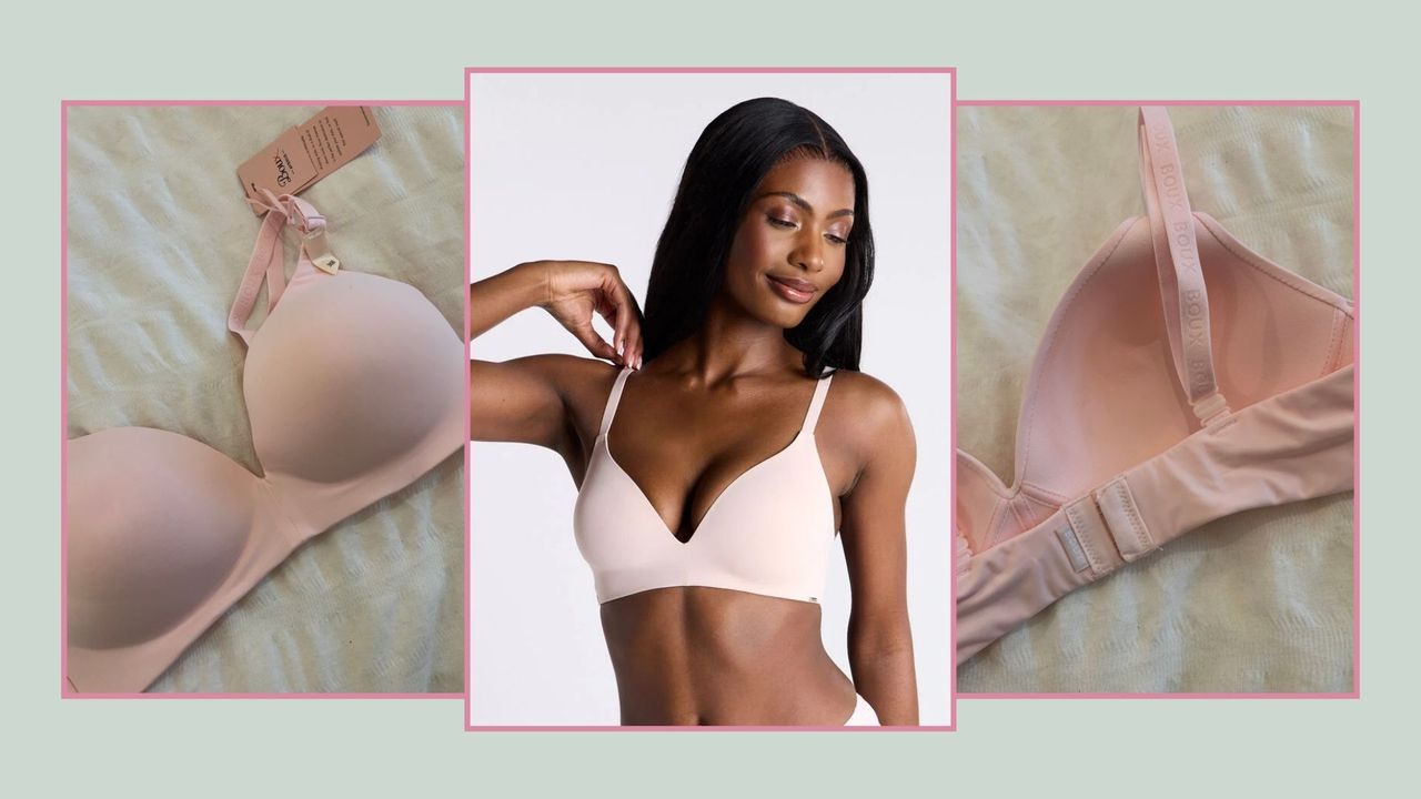 a composite shot of a model wearing a bra next to the flatlay bra