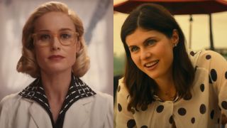 From left to right: Brie Larson wearing glasses and a lab coat in Lessons in Chemistry and Alexandra Daddario leaning and smiling in The White Lotus.