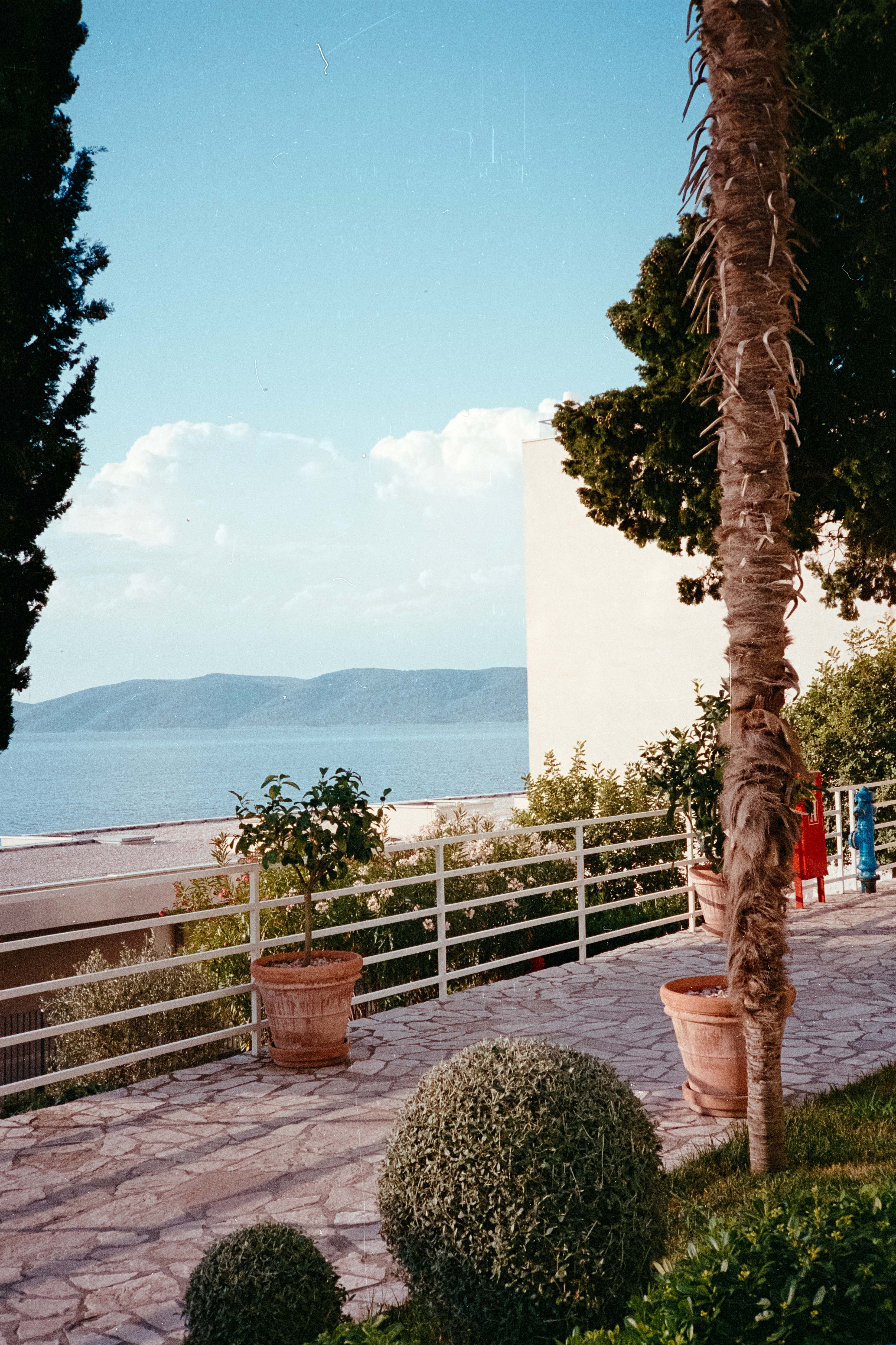 sunny morning shot of a stone path with the sea in the distance