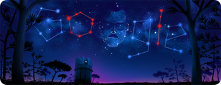 "Google" is spelled out in stars, and also includes a sketch of a man's face.