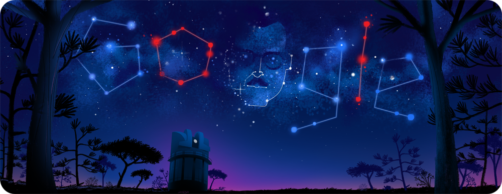 &quot;Google&quot; is spelled out in stars, and also includes a sketch of a man&#039;s face.