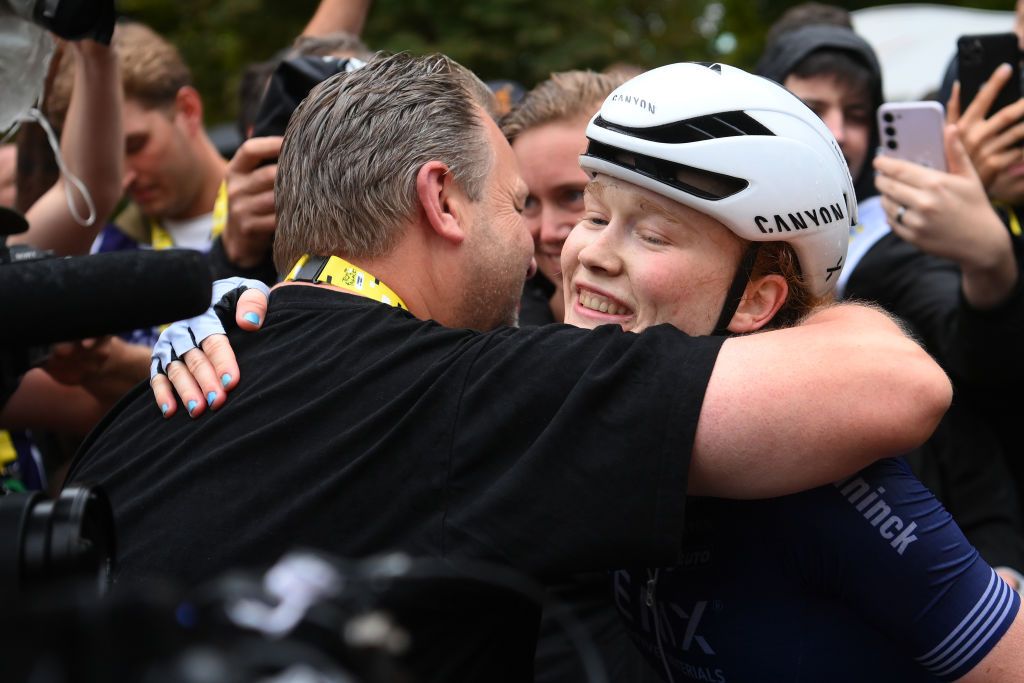 LIEGE BELGIUM AUGUST 14 Stage winner Puck Pieterse of The Netherlands and Team FenixDeceuninck reacts after the 3rd Tour de France Femmes 2024 Stage 4 a 1227km stage from Valkenburg to Liege UCIWWT on August 14 2024 in Liege Belgium Photo by Alex BroadwayGetty Images