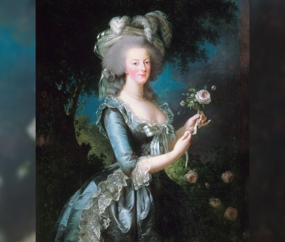 An oil painting by Elisabeth Vigee-Lebrun from 1783 shows Marie Antoinette with a rose, and it’s hanging in the Musée de l&#039;Histoire de France, Versailles, France.