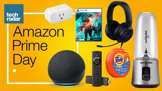 Amazon Prime Day text in a box, with an Echo Dot, Fire TV Stick, laundry detergent bottle and more on the right