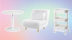 White table, chair, and cart on pastel blue and purple background