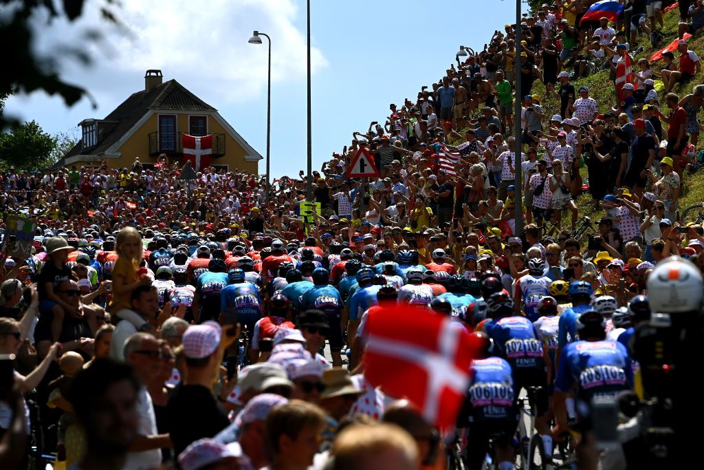 NYBORG DENMARK JULY 02 A crowd cheers the peloton passing through the Cte dHve Strde during the 109th Tour de France 2022 Stage 2 a 2022km stage from Roskilde to Nyborg TDF2022 WorldTour on July 02 2022 in Nyborg Denmark Photo by Tim de WaeleGetty Images