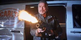 Arnold Schwarzenegger shooting gun in Terminator: Dark Fate