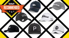 An array of different golf hats in a grid system