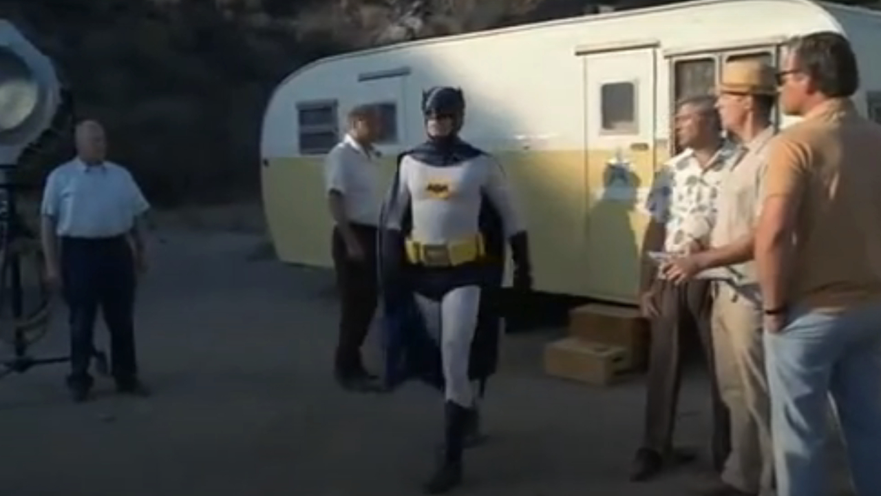 Jack Brewer as Adam West on set in his Batman suit in Return to the Batcave: The Misadventures Of Adam And Burt