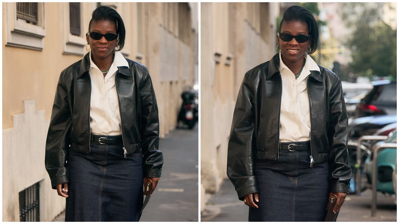 Nikki Ogunnaike wearing a leather jacket, a button-down shirt, and a denim skirt 