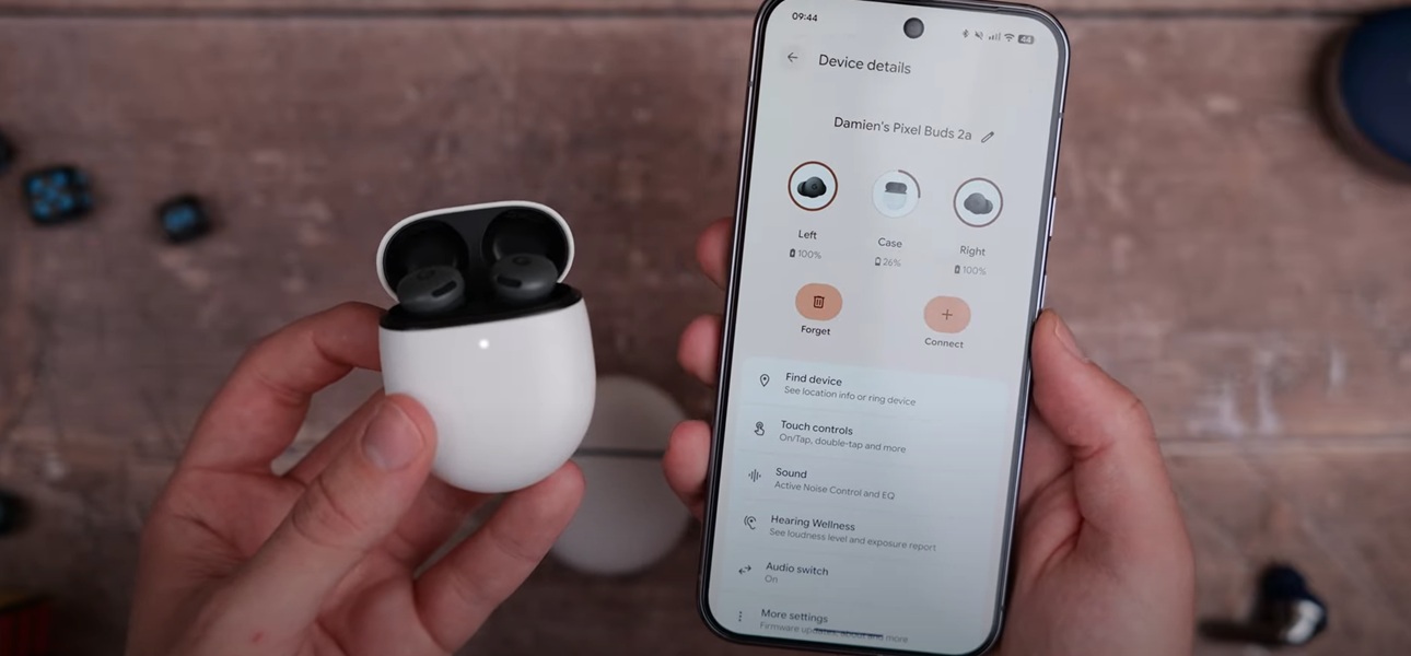 A screenshot from a video, showing that users an place their Pixel Buds Pro 2 into the Pixel Buds 2a case and still charge the product.