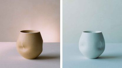 Candle by Tekla, with a vessel that looks like it was pinched on one side