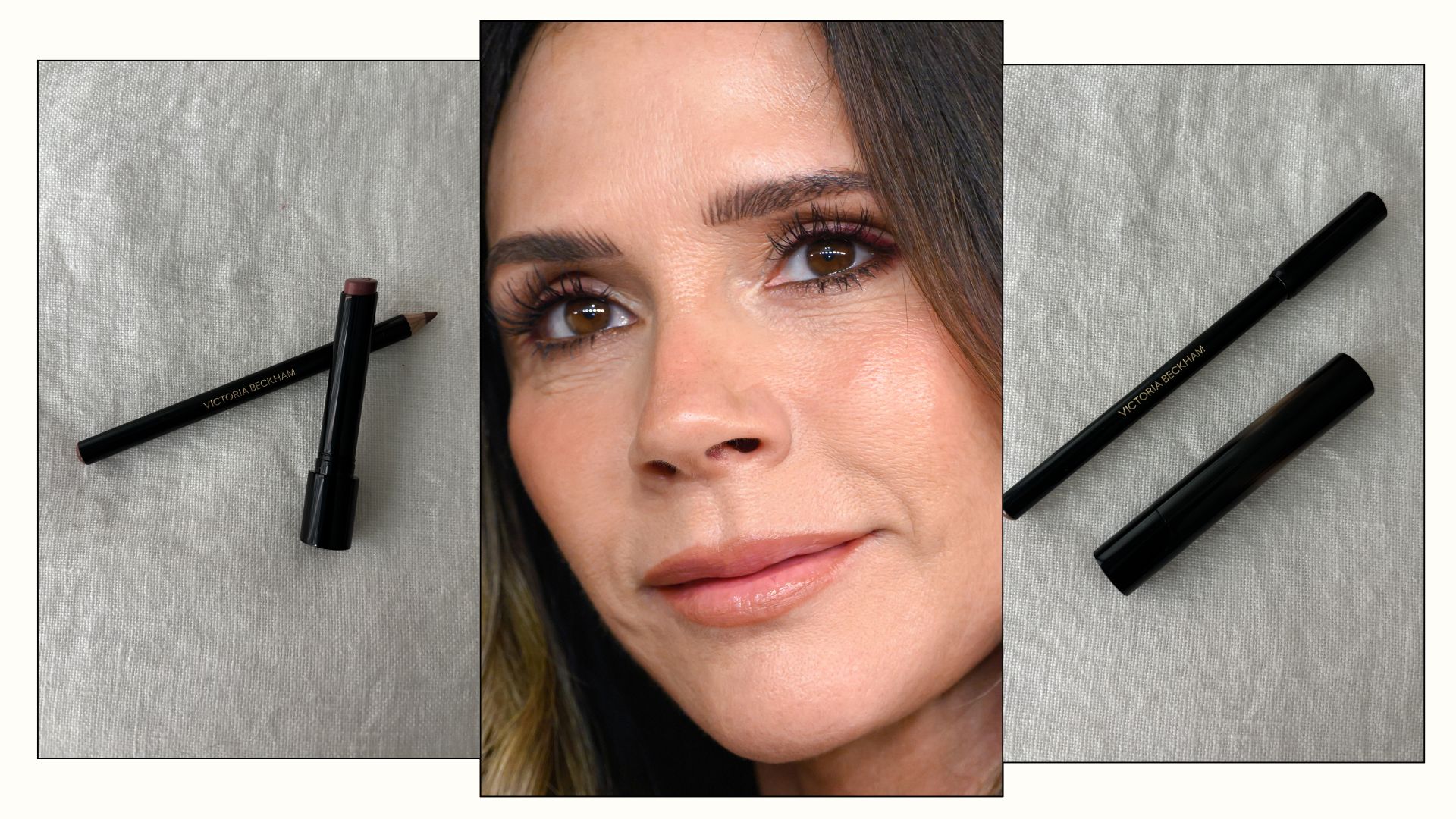 A close-up picture of Victoria Beckham and two pictures of her go-to lip liner and lipstick