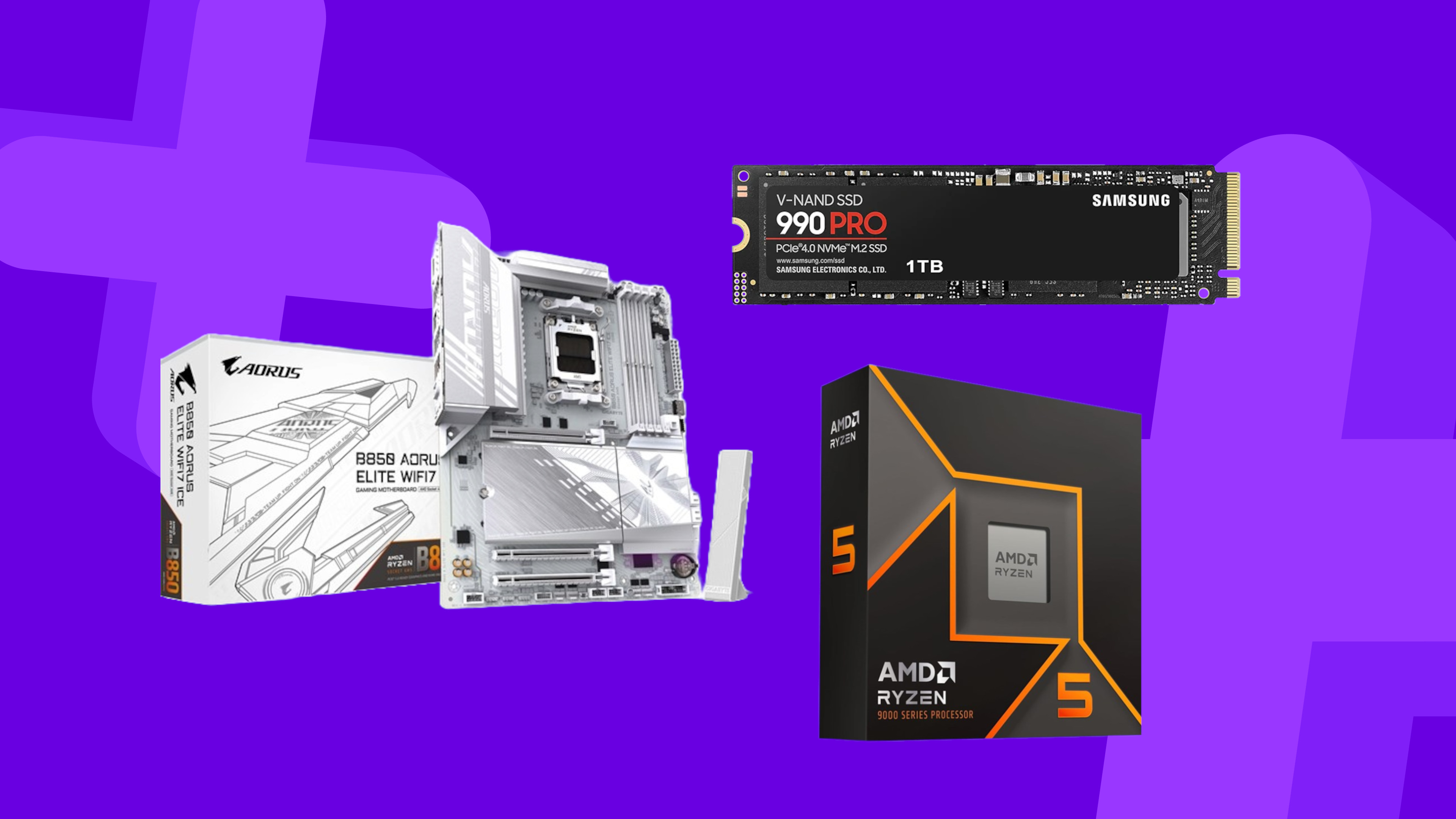 Motherboard, processor, and SSD bundle on a purple background