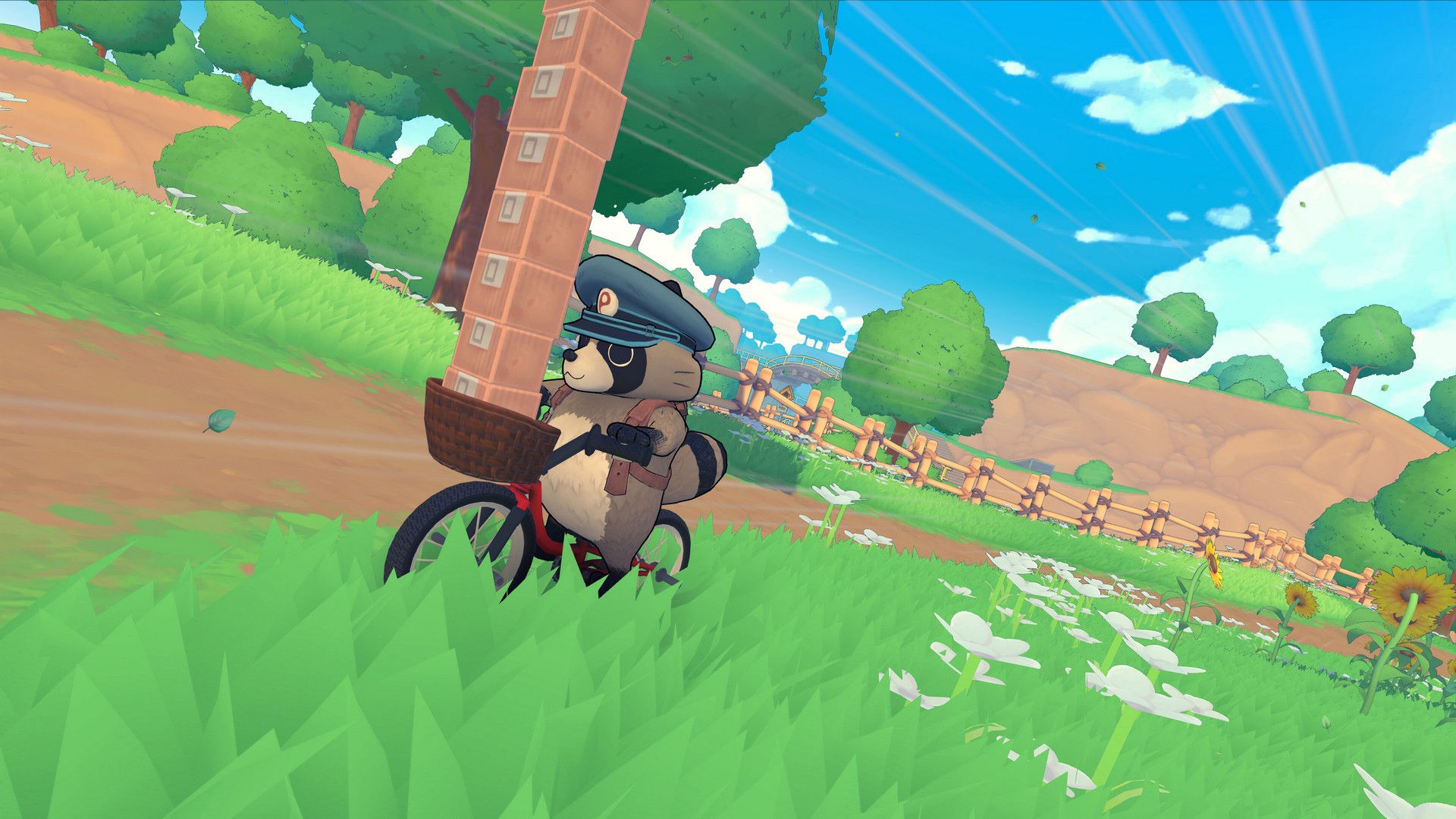 Pon cycles through a green field in Tanuki: Pon's Summer with a basket stacked with boxes