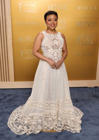 Quinta Brunson at the 2025 SAG awards wearing a lace dior dress