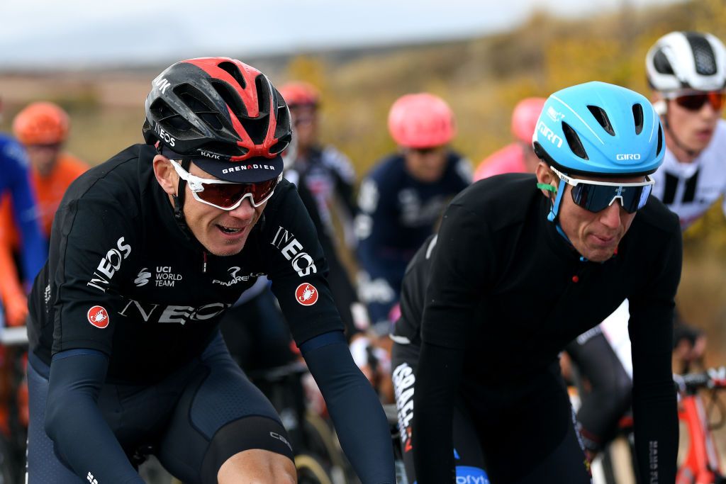 EJEADELOSCABALLEROS SPAIN OCTOBER 23 Christopher Froome of The United Kingdom and Team INEOS Grenadiers Daniel Martin of Ireland and Team Israel StartUp Nation Green Points Jersey during the 75th Tour of Spain 2020 Stage 4 a 1917km stage from Garray Numancia to Ejea de los Caballeros lavuelta LaVuelta20 La Vuelta on October 23 2020 in Ejea de los Caballeros Spain Photo by David RamosGetty Images