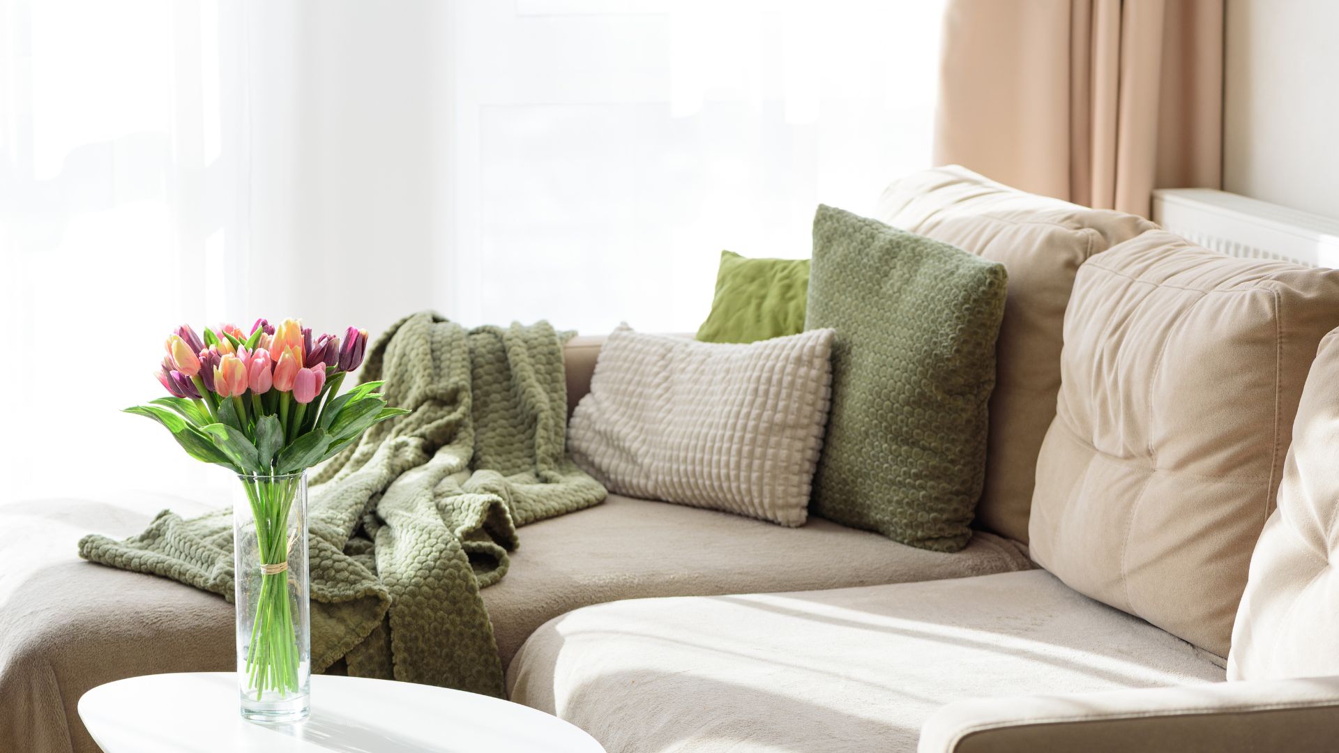 picture of sofa with neutral and light green cushions on it