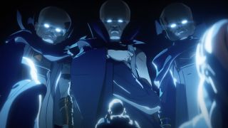 Three gigantic Watchers looking over assembled heroes in What If... ? Season 3