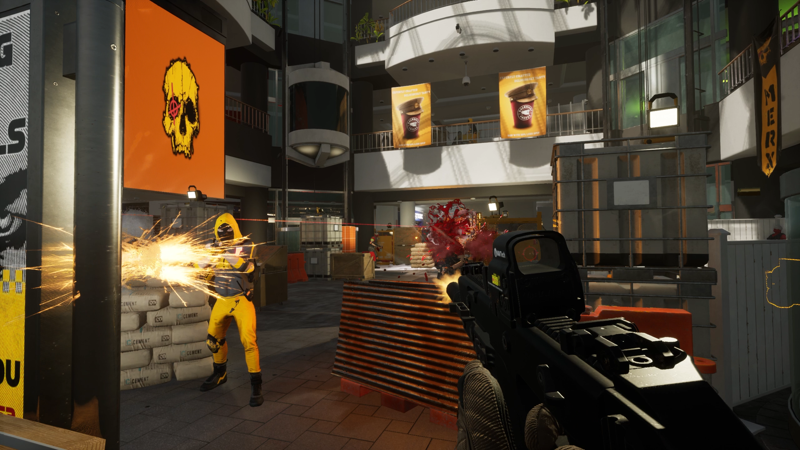 FPS view with the rifle off to the side and an enemy in a yellow hazmat suit shooting back