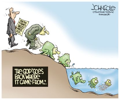 Political Cartoon U.S. Republicans Reverse Evolution Racist Tweets