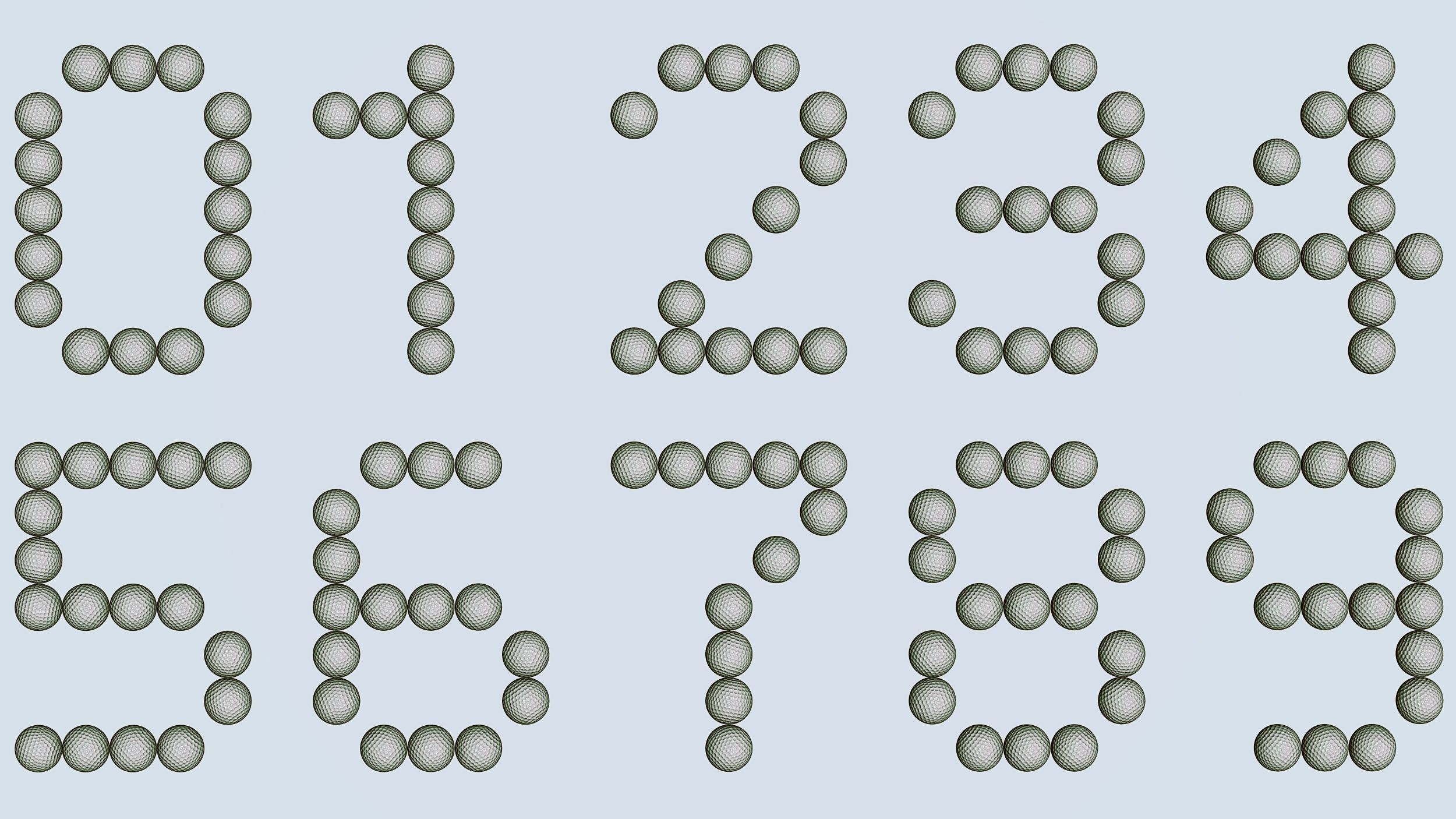 Numbers 0 to 9 written in laid out golf balls