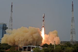 An Indian PSLV rocket launches two Singaporean satellites to orbit from Satish Dhawan Space Centre on April 22, 2023.